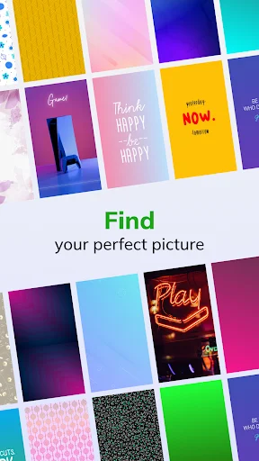 Wallpaper gallery grid displaying various solid colors, gradients, and text designs including 'Think HAPPY' options