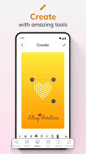 Create wallpaper interface with yellow-orange gradient background, heart pattern, and 'Stay Positive' text editing tools