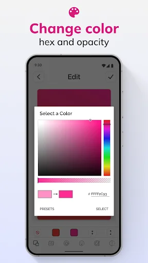 Color picker interface for changing wallpaper colors with hex code input, opacity slider, and rainbow color selection wheel
