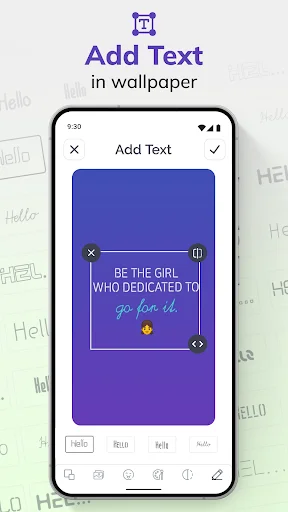 Add text feature showing blue wallpaper with 'BE THE GIRL WHO DEDICATED TO go for it' motivational quote editor