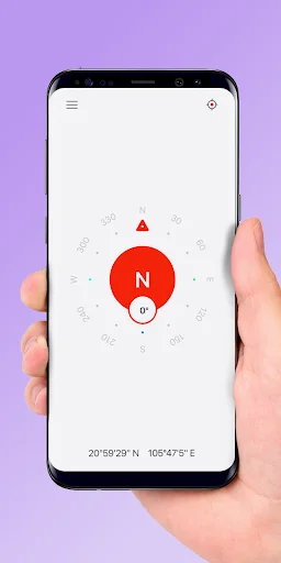 Compass Pro navigation app light theme displaying compass with north indicator and GPS coordinates for directions