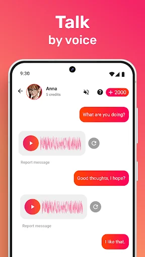 Voice chat interface with AI girlfriend Anna featuring voice message sound waves for interactive audio conversation