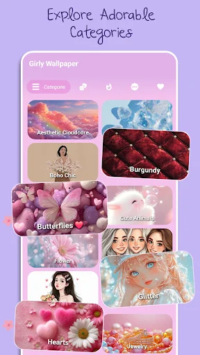 Adorable wallpaper categories including aesthetic, butterflies, flowers, glitter, and jewelry designs for girls