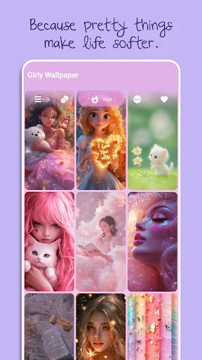 Grid display of pretty aesthetic wallpapers featuring cute girls, flowers, and glitter designs for personalization