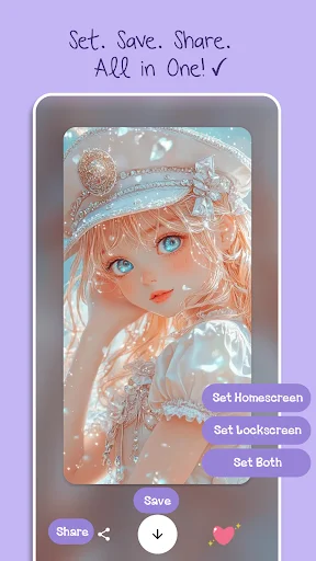 Wallpaper preview with Set Homescreen, Lockscreen, Both options plus Save and Share buttons for easy customization