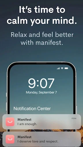 Manifest daily affirmations app notification screen showing 'I am enough' and 'I deserve love' positive reminders