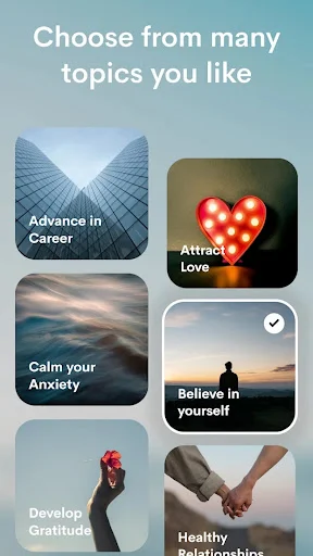 Manifest app topic selection screen with categories: Advance Career, Attract Love, Calm Anxiety, Believe in Yourself