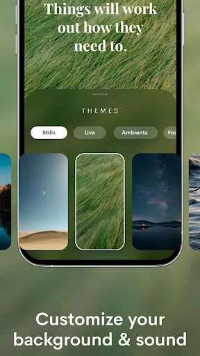 Customize background themes in Manifest app with nature scenes including grass, sky, and water for meditation
