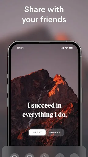 Share affirmations feature showing 'I succeed in everything I do' with mountain sunset and social sharing options