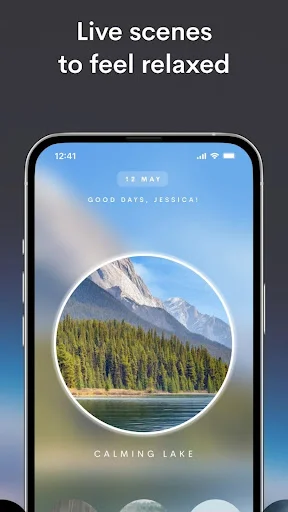 Live relaxing nature scenes in Manifest app featuring 'Calming Lake' circular view with mountain forest backdrop