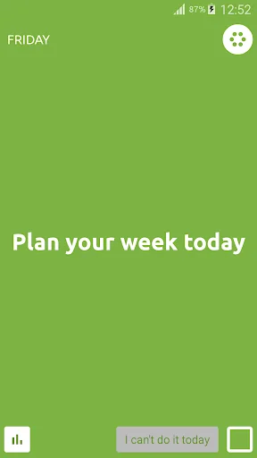 Daily Challenges app Friday screen displaying 'Plan your week today' challenge with green interface and completion buttons