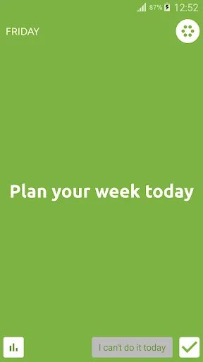 Daily Challenges app showing 'Plan your week today' challenge completed with green checkmark and Friday interface