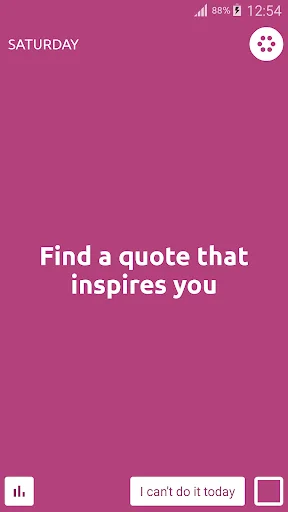Daily Challenges app Saturday screen featuring 'Find a quote that inspires you' challenge with pink/purple background