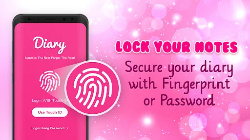 Diary app login screen with fingerprint security and password protection on pink sparkly background