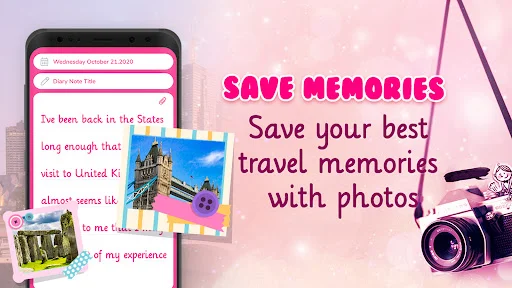 Travel diary entry with photo attachments showing camera feature for saving memories in journal app