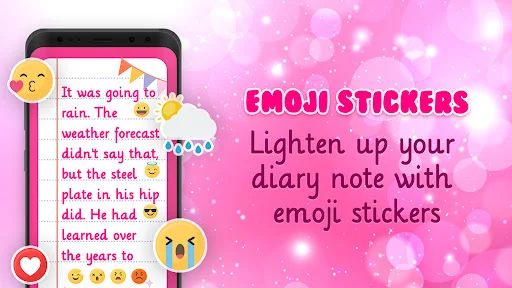 Diary note with emoji stickers feature showing weather entry and cute emoticon decorations