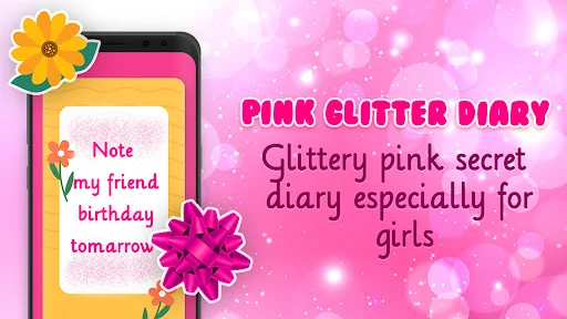 Pink glittery diary interface with flower decorations and note reminder for girls' secret journal
