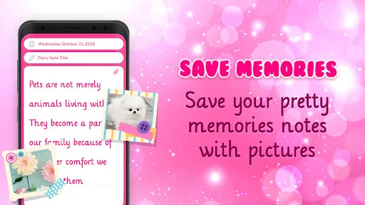 Pet diary entry with attached photos showing memory saving feature for notes with pictures
