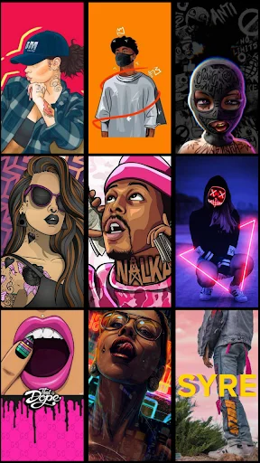 App wallpaper collection featuring illustrated portrait designs with neon and artistic effects