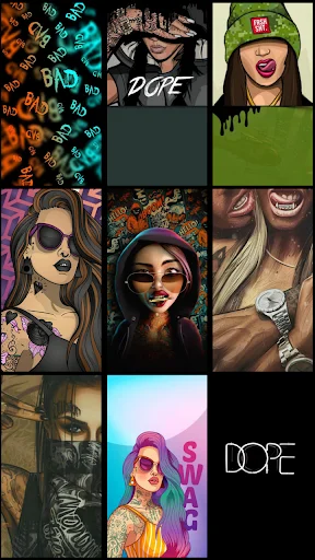 Wallpaper selection screen displaying bold text and neon-styled background designs for phones