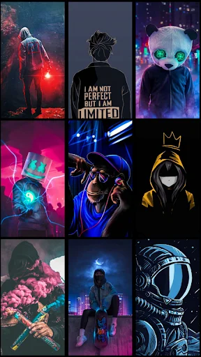 Dope Wallpaper grid showing glowing neon and cyberpunk-style backgrounds for phone customization