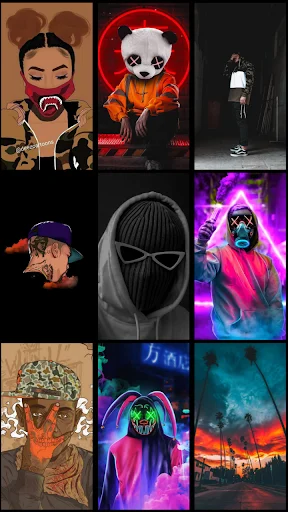 Wallpaper gallery featuring illustrated characters and neon effects for device personalization