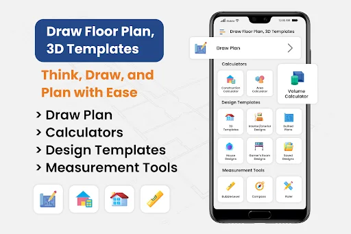 Draw Floor Plan app main menu showing Draw Plan, Calculators, Design Templates, and Measurement Tools with feature icons and interface preview
