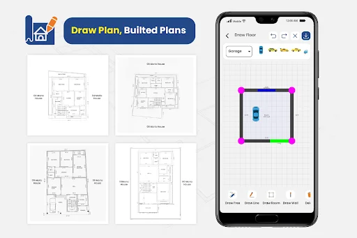 Floor plan drawing interface with 2D templates and editing tools for creating colored floor plans with adjustable dimensions and measurements