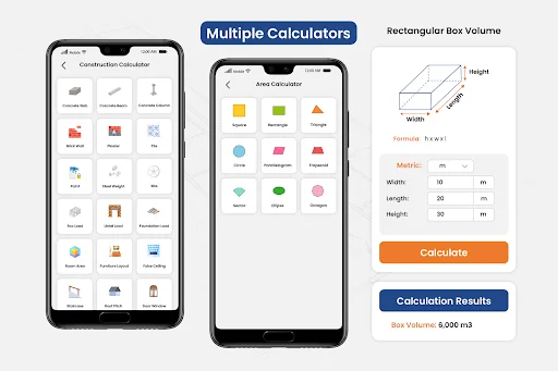Multiple construction calculators including area calculator and rectangular box volume calculator with input fields and calculation results