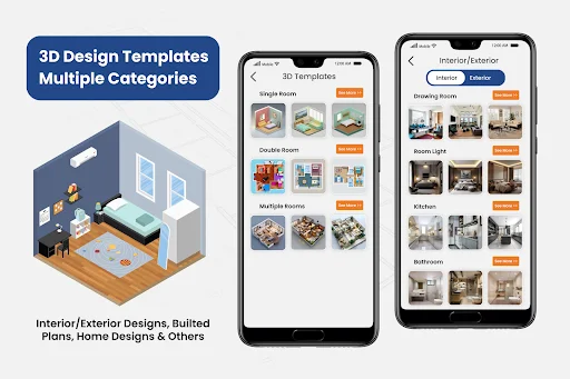 3D interior design templates gallery featuring bedroom, kitchen, bathroom, and living room design options with multiple layout styles