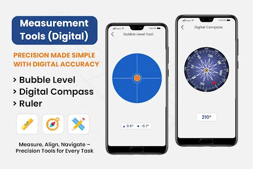 Digital measurement tools including bubble level, digital compass, and ruler with precise readings displayed on smartphone screens