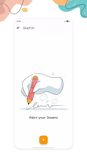 Drawing app home screen with pencil and brush illustration, 'Paint your Dreams' text, and orange plus button to create new sketch