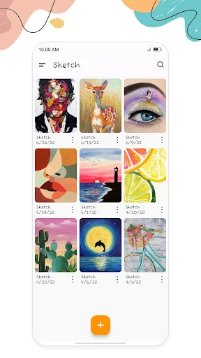 Sketch gallery grid displaying 9 colorful artwork thumbnails including portraits, landscapes, eye drawing, and abstract compositions with dates