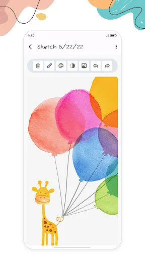 Sketch editor showing giraffe and colorful balloons drawing with toolbar containing brush, eraser, bucket fill, shapes and other drawing tools