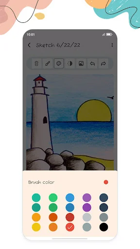 Sketch editor with brush color palette displayed showing rows of color swatches for selecting paint and brush colors while drawing