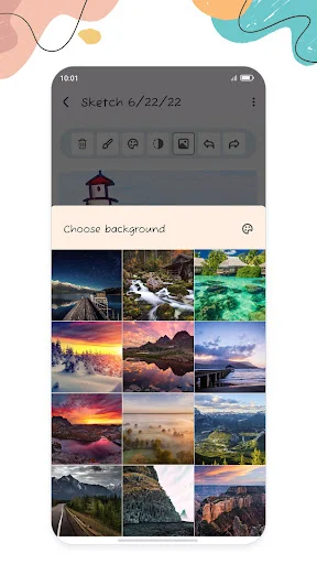 Sketch editor with background image selector showing grid of 12 landscape and nature photography options to add behind artwork