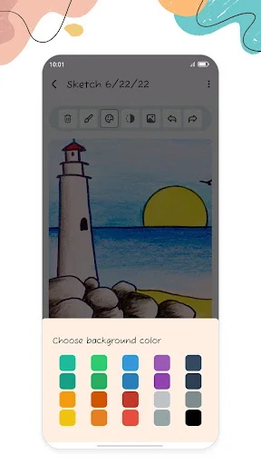 Sketch editor with background color palette displayed showing grid of color swatches to customize the background color of drawing