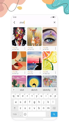 Sketch gallery with search feature, showing search bar with 'sket' typed in and keyboard visible for searching and filtering drawings