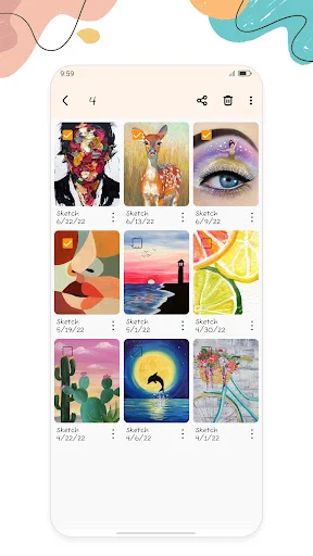 Sketch gallery view displaying grid of 9 artwork thumbnails with filtering or categorization options and selection indicators visible