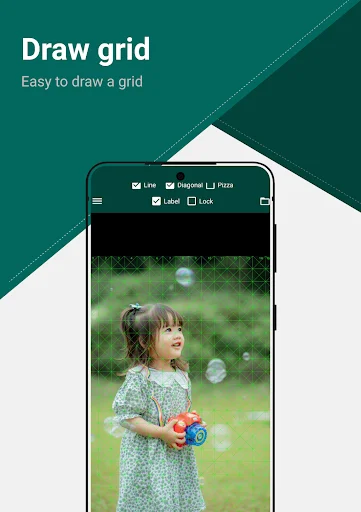 Drawing grid app interface showing photo of child with geometric grid overlay and toolbar controls for display options, labels, and lock settings