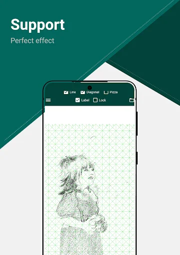 Sketch artwork displayed with transparent geometric grid pattern overlay providing proportional drawing reference for artists