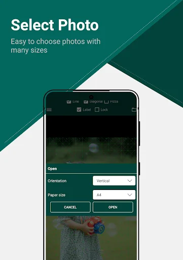 Photo selection dialog with dropdown options for image orientation and paper size selection, featuring Cancel and Open buttons