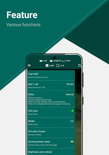 Feature settings panel displaying drawing tool controls including effect type, unit color, stroke width, pixel color picker, and brightness adjustment