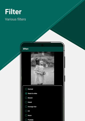 Filter effects menu with options for Normal, Black & white, Sketch, Relief, Average blur, Oil, Neon, and Pixelize effects