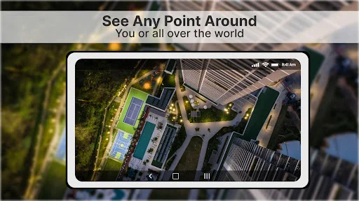 Satellite map view of buildings and sports facilities enabling exploration of any worldwide location