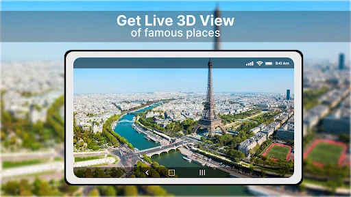 3D satellite view of Paris featuring Eiffel Tower and Seine River with live 3D landmark visualization