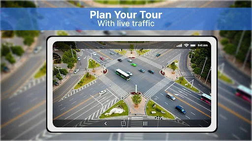 Live traffic view of busy intersection displaying real-time vehicle traffic and street-level navigation