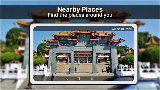 Nearby places discovery feature showing aerial satellite view of traditional Chinese temple landmark