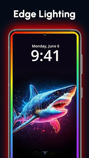 Edge Lighting app showing colorful rainbow border around phone screen with shark wallpaper and Monday June 6 9:41 time display