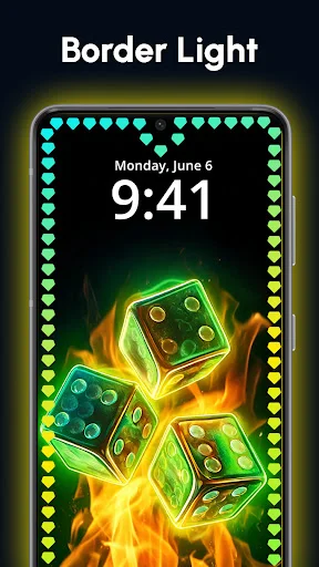 Border Light feature displaying heart-pattern edge lighting around dice wallpaper with customizable green and yellow border colors